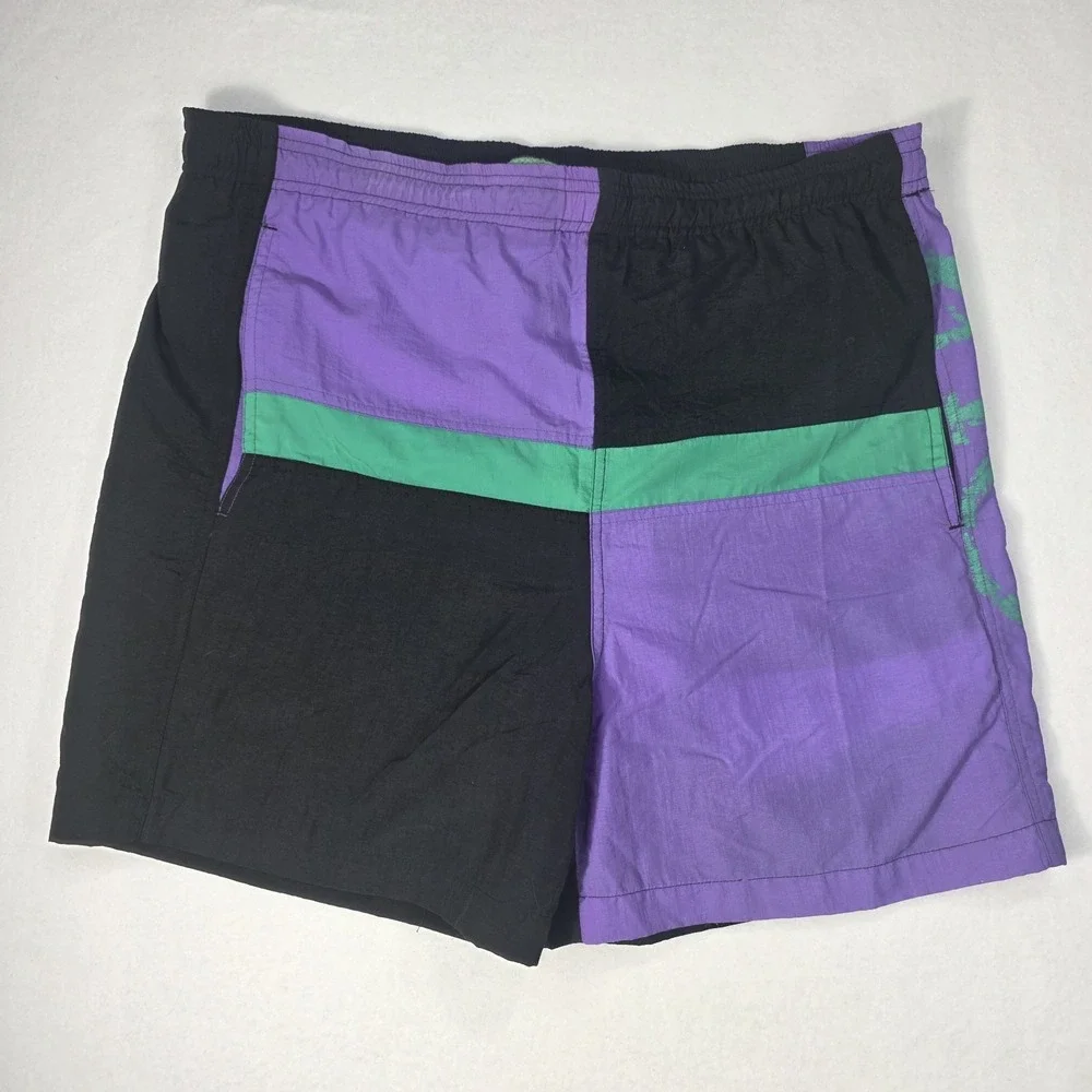 Vintage 1980's Mens Hang Ten Purple‎ Green Black Colorblock Trunks Size L